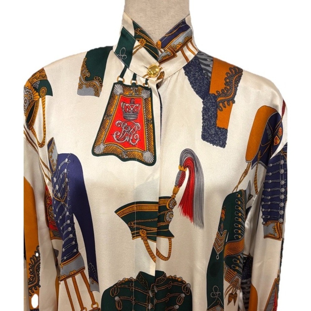 VINTAGE ESCADA MARGARETHA LEY 80s Silk Blouse Military Gold Bottoms Germany 38 M - Picture 3 of 9